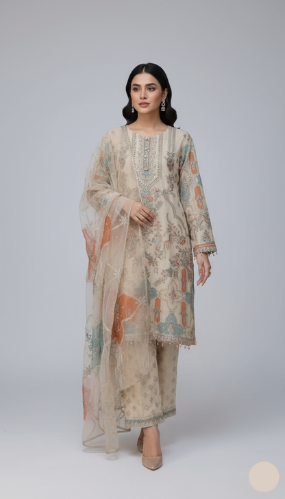 Organza shirt plazo ABL 3701 - Pakistani women's elegant formal wear with viscose trouser front view