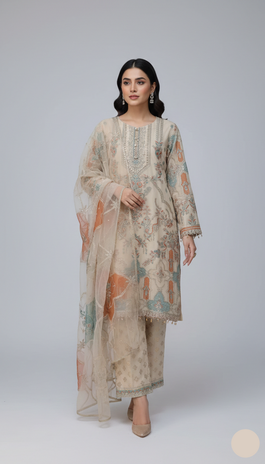 Organza shirt plazo ABL 3701 - Pakistani women's elegant formal wear with viscose trouser front view
