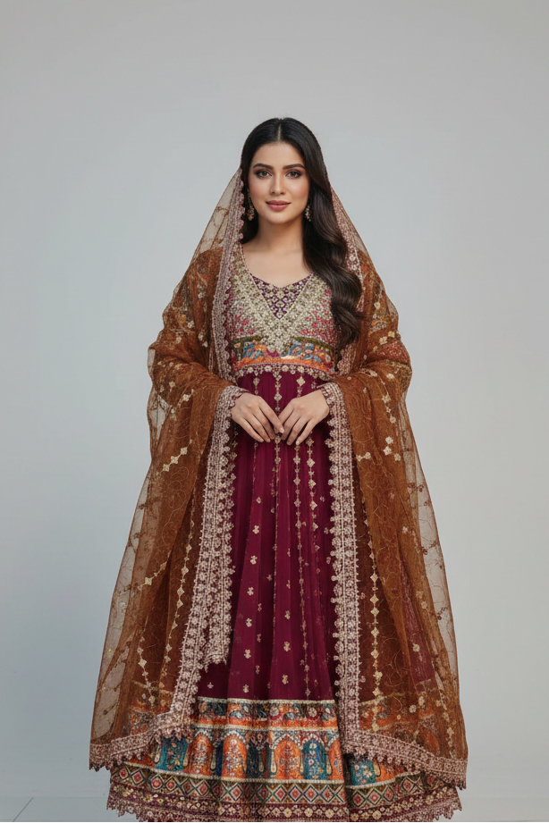Net frock plazo ABL 3820 - Pakistani women's party wear with organza dupatta front view