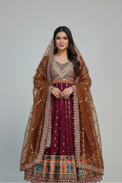 Net frock plazo ABL 3820 - Pakistani women's party wear with organza dupatta front view