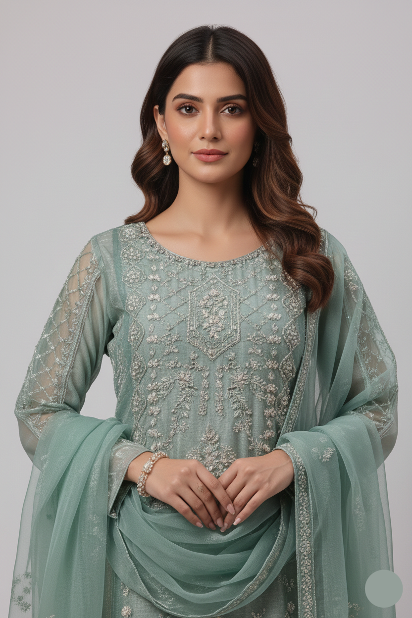 Organza straight shirt plazo ABL 3931 - Pakistani women's formal wear with grip plazo and organza dupatta front view