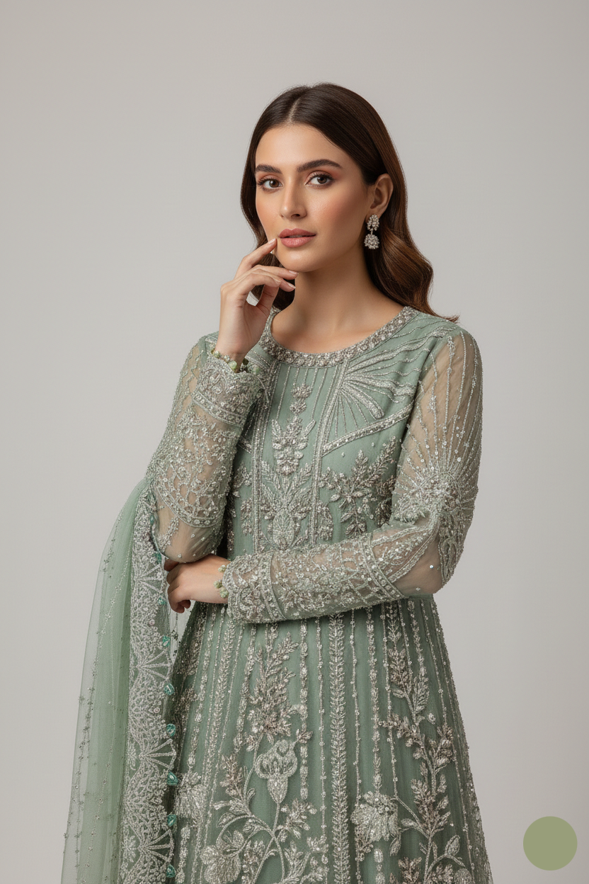 ABL 3977 organza Pakistani women's A-Line outfit side view