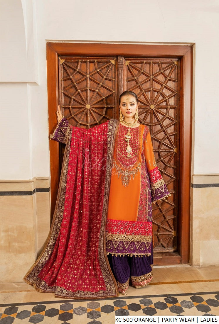 Chiffon long shirt sharara orange - Pakistani women's festive formal wear with matching chiffon dupatta front view