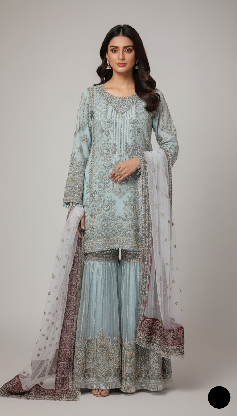 Chiffon straight shirt plazo light blue - Pakistani women's party wear with viscose plazo and chiffon dupatta front view