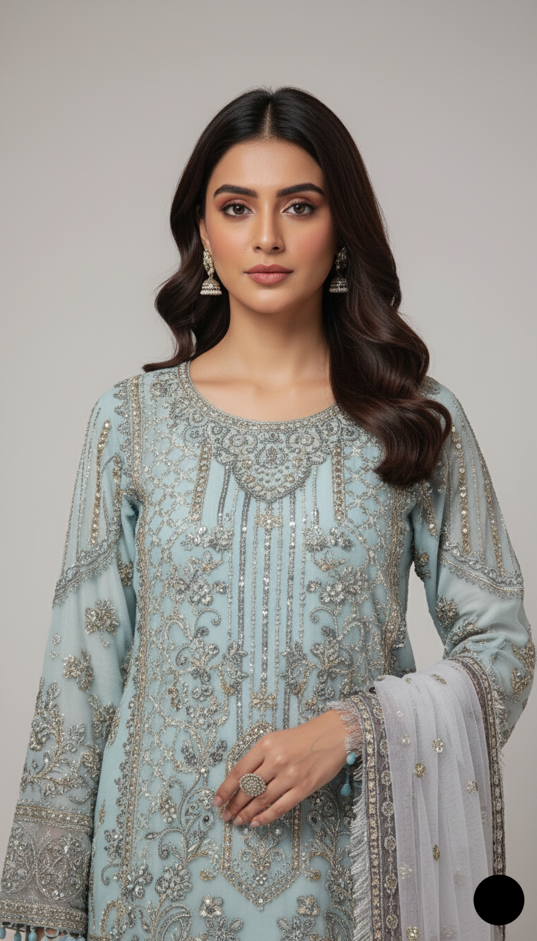 Light blue chiffon Pakistani women's straight shirt with plazo side view
