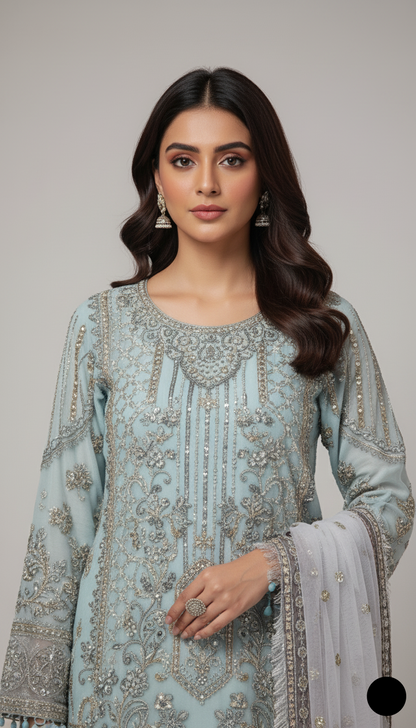 Light blue chiffon Pakistani women's straight shirt with plazo side view