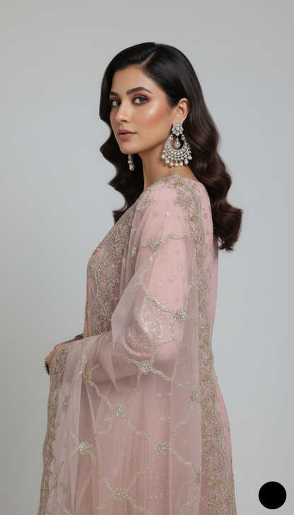 Pakistani women's pink chiffon straight shirt plazo back view