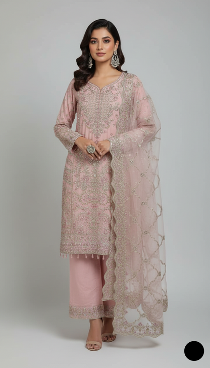 Chiffon straight shirt plazo pink - Pakistani women's party wear with viscose plazo and chiffon dupatta front view