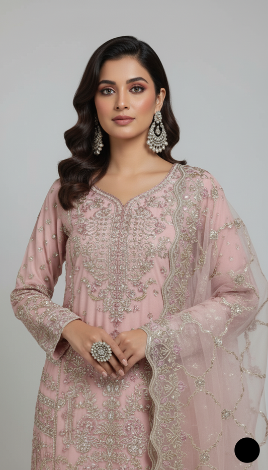 Pink chiffon Pakistani women's straight shirt with plazo side view