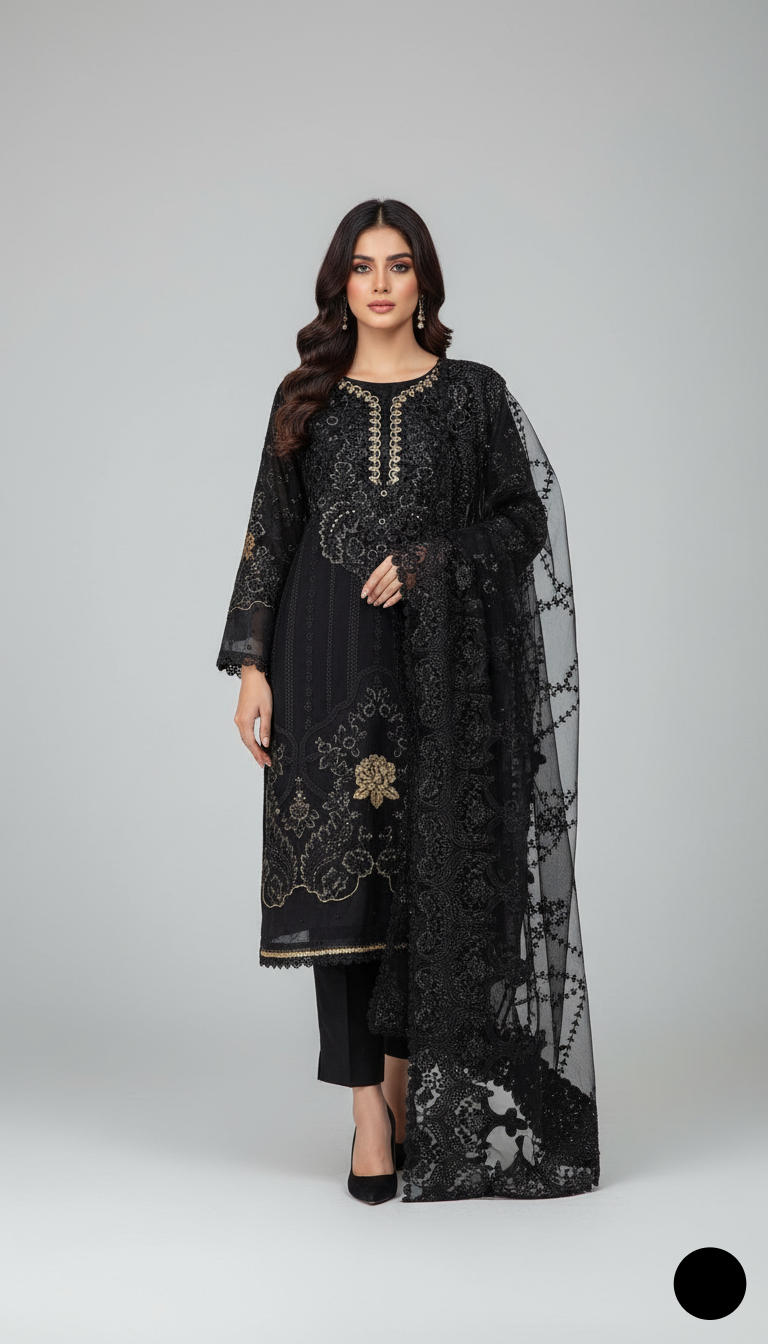 Chiffon straight shirt black - Pakistani women's party wear with viscose trouser and chiffon dupatta front view