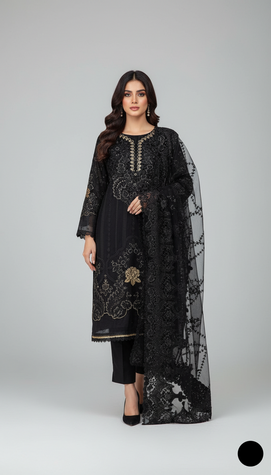 Chiffon straight shirt black - Pakistani women's party wear with viscose trouser and chiffon dupatta front view