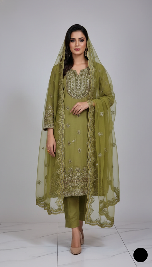 Chiffon straight shirt plazo pista green - Pakistani women's party wear with grip plazo and organza dupatta front view