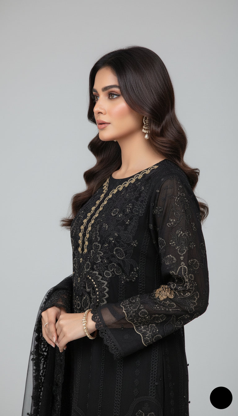 Pakistani women's black chiffon straight shirt back view