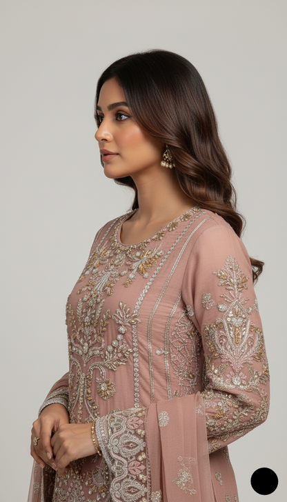 Pakistani women's tea pink chiffon straight shirt plazo back view