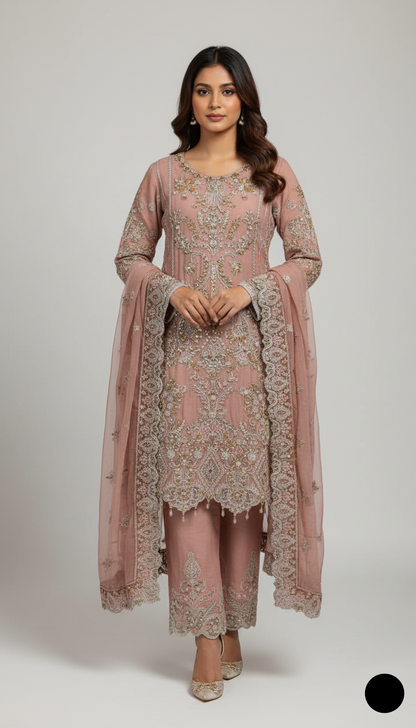 Chiffon straight shirt plazo tea pink - Pakistani women's party wear with viscose plazo and chiffon dupatta front view
