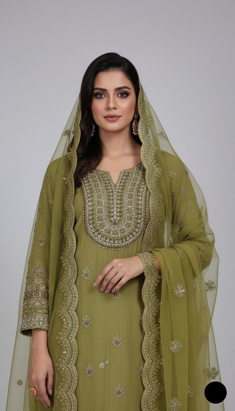 Pista green chiffon Pakistani women's straight shirt with plazo side view