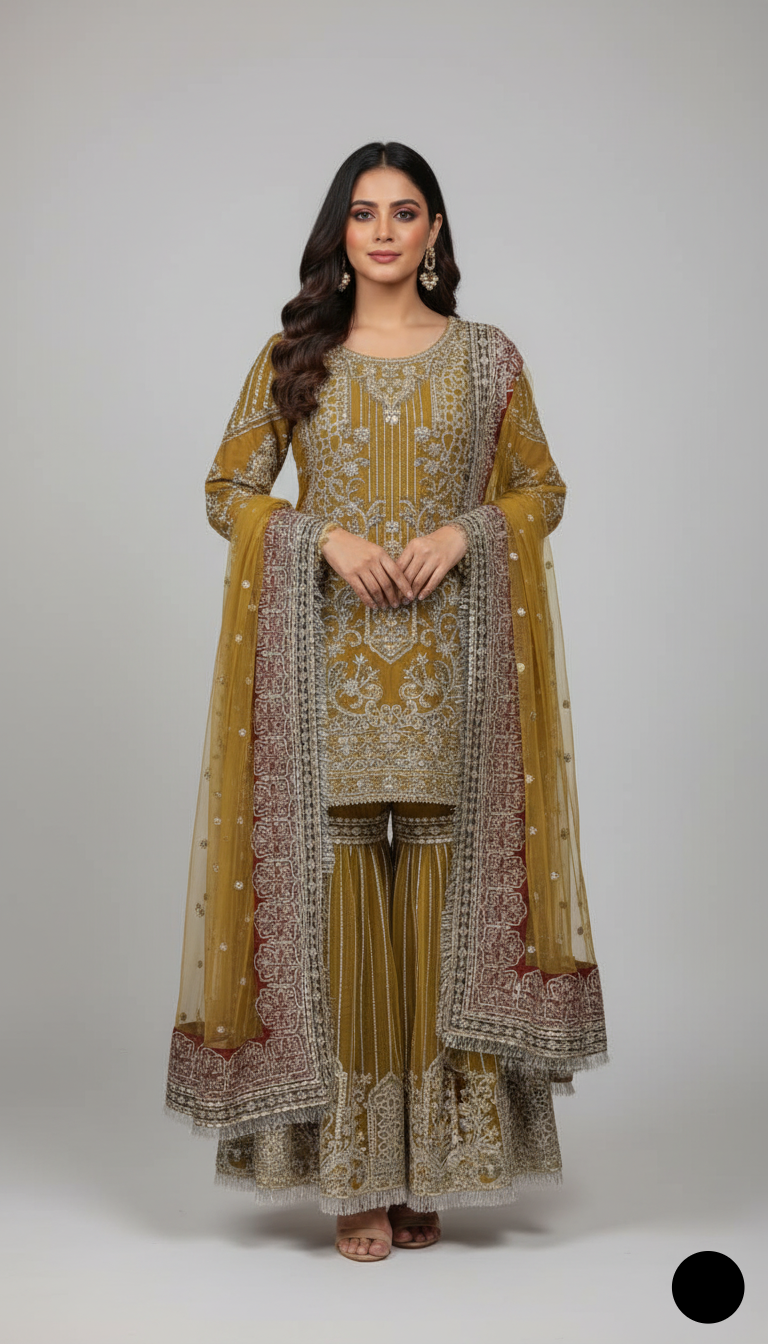 Chiffon straight shirt plazo mustard yellow - Pakistani women's party wear with viscose plazo and chiffon dupatta front view