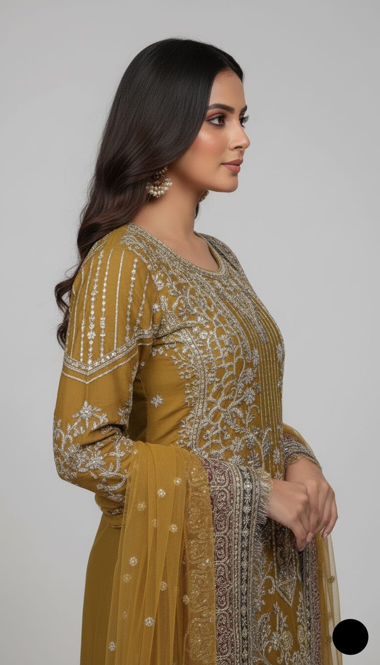 Pakistani women's mustard yellow chiffon straight shirt plazo back view