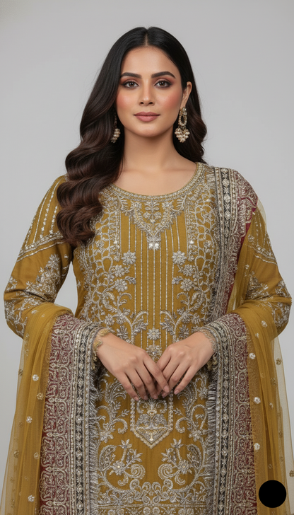 Mustard yellow chiffon Pakistani women's straight shirt with plazo side view
