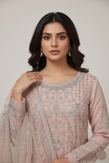 Chiffon straight shirt plazo ABS 3081 - Pakistani women's party wear with grip plazo and organza dupatta front view