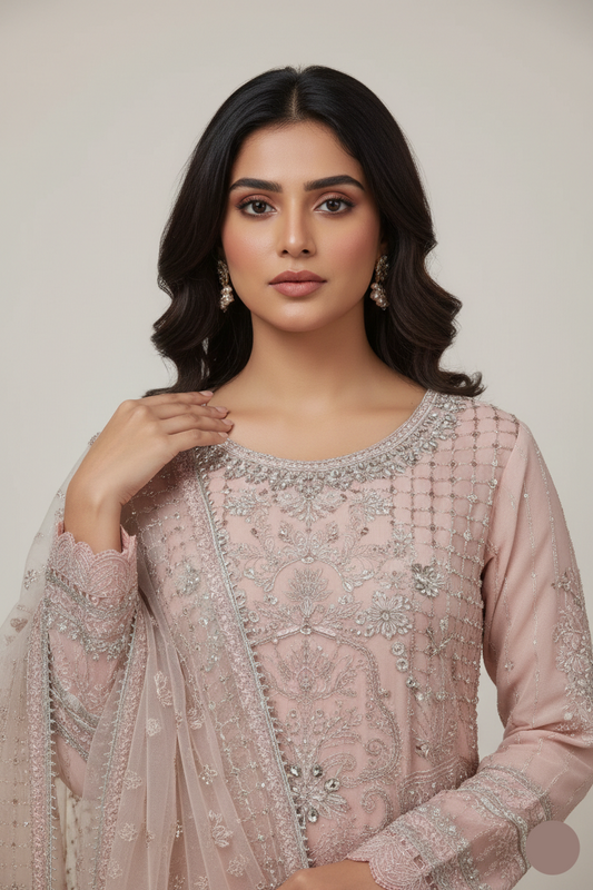 Chiffon straight shirt plazo ABS 3081 - Pakistani women's party wear with grip plazo and organza dupatta front view