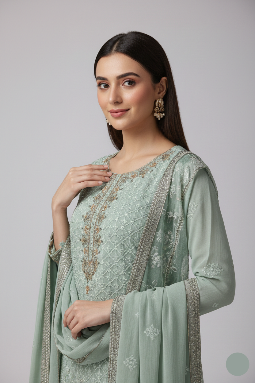 ABS 3095 chiffon Pakistani women's straight shirt with grip gharara side view
