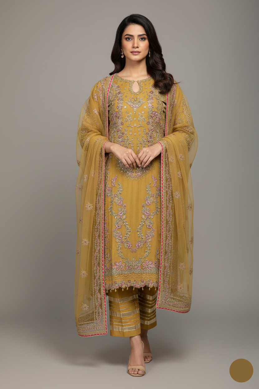 Organza straight shirt mustard yellow - Pakistani women's elegant formal wear with viscose trouser and organza dupatta front view