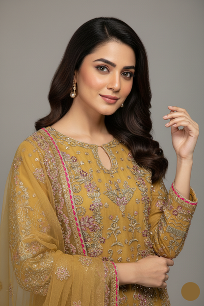 Mustard yellow organza Pakistani women's straight shirt side view