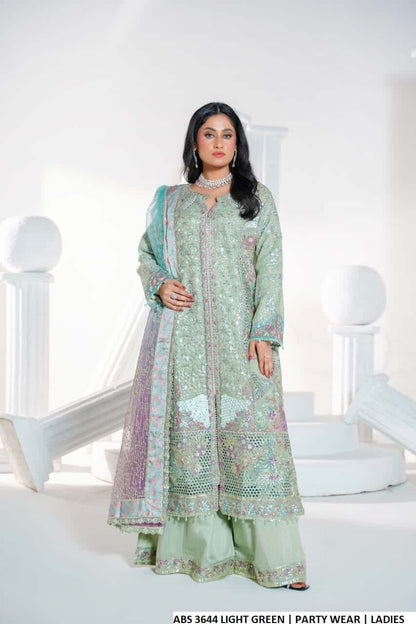 Organza open A-Line shirt light green - Pakistani women's elegant formal wear with viscose trouser and organza dupatta front view