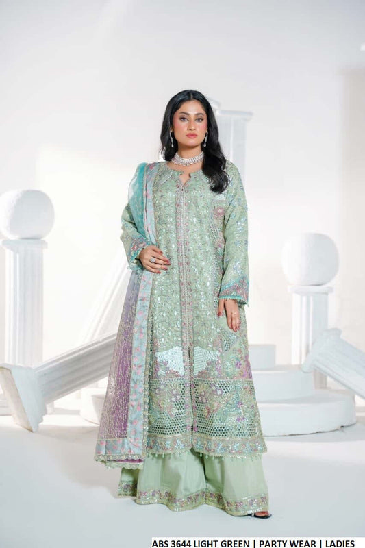 Organza open A-Line shirt light green - Pakistani women's elegant formal wear with viscose trouser and organza dupatta front view