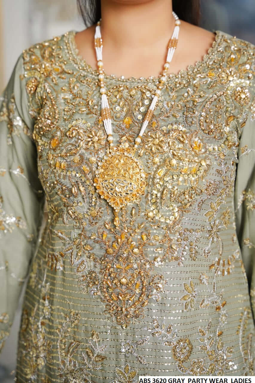 Pakistani women's grey chiffon straight shirt detail view