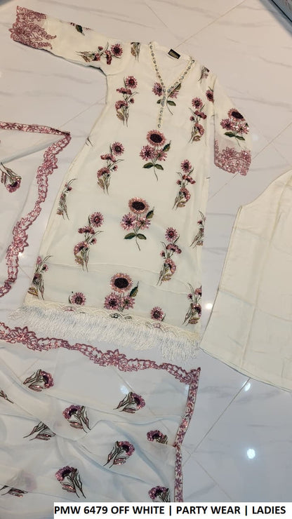PNW 6479 OFF WHITE - Off White Chiffon 3-Piece Women's Pakistani Plazo Suit