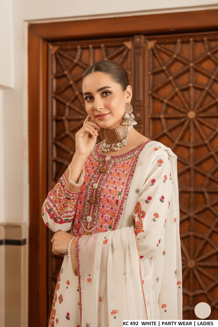 White silk Pakistani women's long kaftan with plazo side view