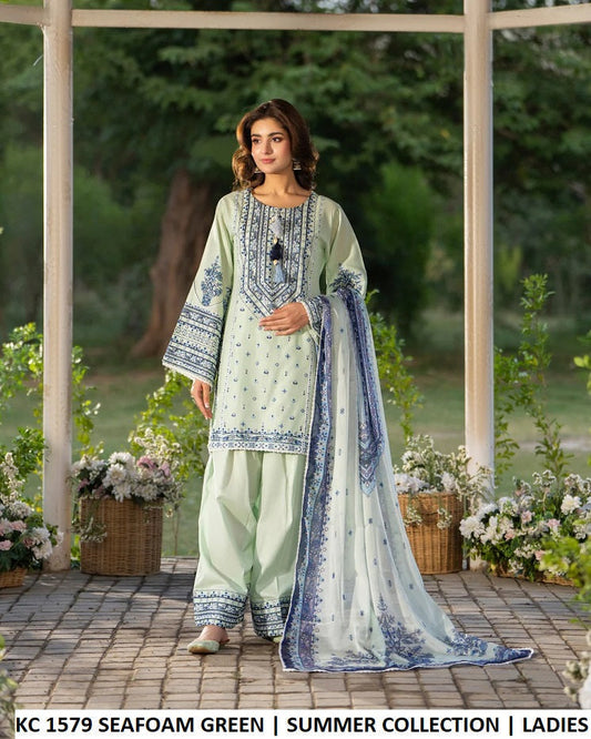 KC Sunehri 1579 - Seafoam Green Embroidered 3-Piece Ready to Wear Women's Pakistani Suit