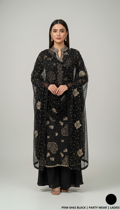 Chiffon straight shirt black - Pakistani women's party wear with viscose trouser and chiffon dupatta front view