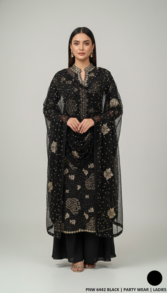Chiffon straight shirt black - Pakistani women's party wear with viscose trouser and chiffon dupatta front view