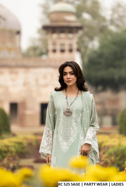 Sage green georgette Pakistani women's embroidered straight shirt with plazo side view