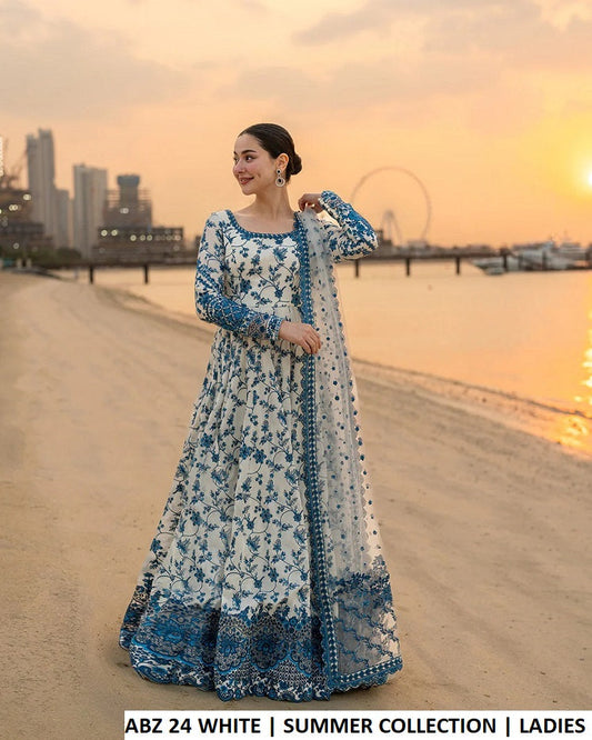 ABZ 24 WHITE - White Cotton Long Frock with Soft Net Dupatta for Women