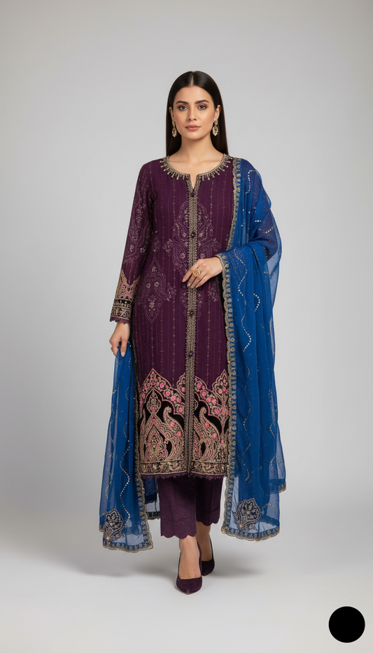 Organza A-Line shirt purple - Pakistani women's elegant formal wear with viscose trouser and organza dupatta front view