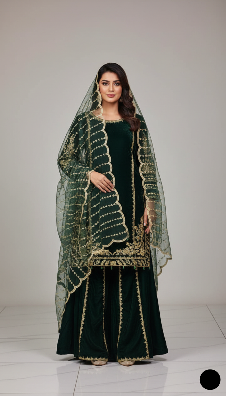 Pakistani women's bottle green velvet straight shirt back view