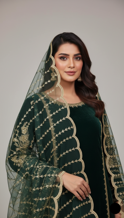 Bottle green velvet Pakistani women's straight shirt side view