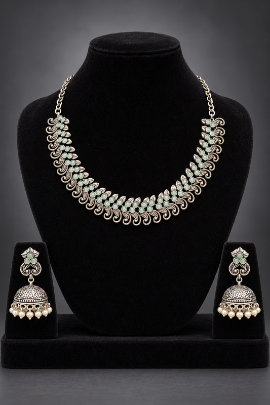 W99 – Mint Stone Antique Silver-Tone Necklace & Jhumka Set