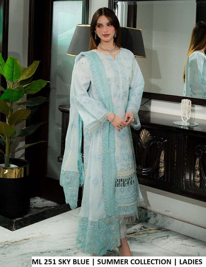 ML 251 SKY BLUE - Sky Blue Cotton Chiffon 3-Piece Women's Pakistani Suit