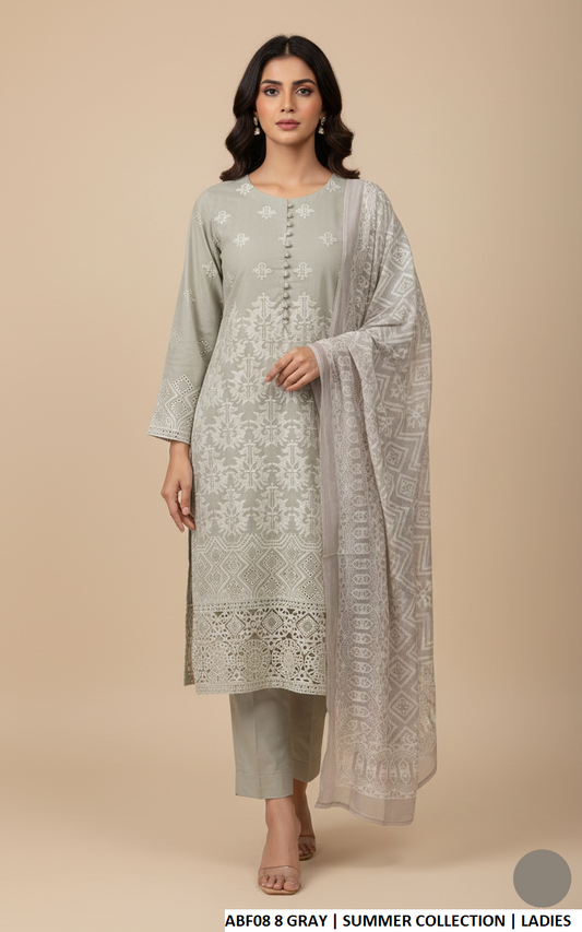 Cotton straight shirt grey - Pakistani women's casual everyday outfit with digital print dupatta front view