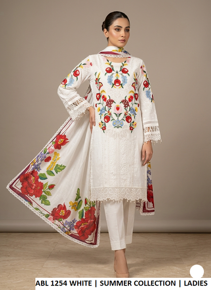 Cotton straight shirt white - Pakistani women's casual everyday outfit with digital print silk dupatta front view