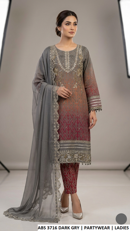 ABS 3716 DARK GREY - Dark Grey Chiffon Straight 3-Piece Women's Pakistani Suit