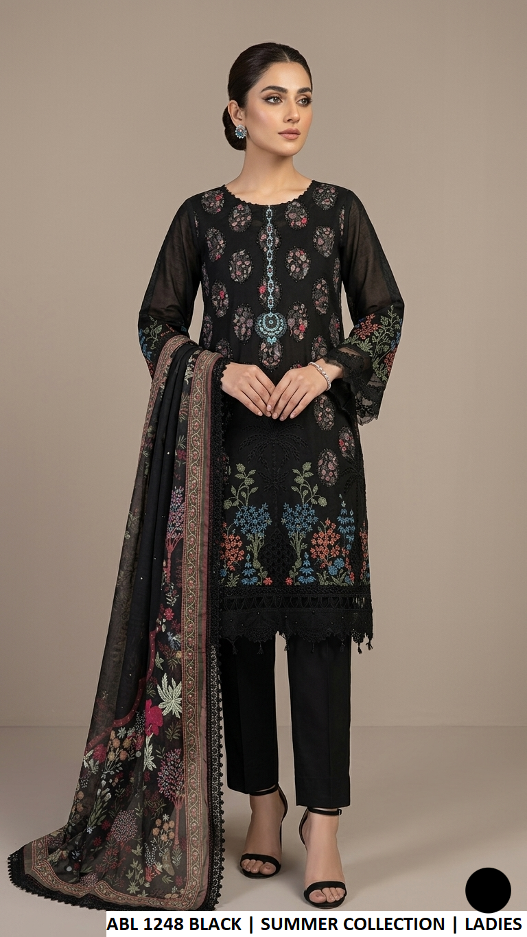 ABL 1248 BLACK - Black Cotton Straight Shirt Plazo Set with Digital Silk Dupatta | Women's 3-Piece Suit