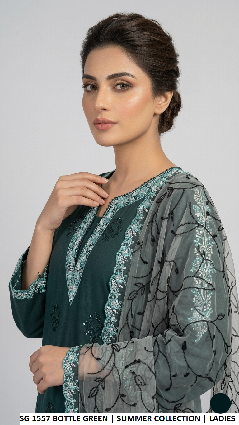 SG 1557 BOTTLE GREEN lawn Pakistani women's A-Line shirt side view