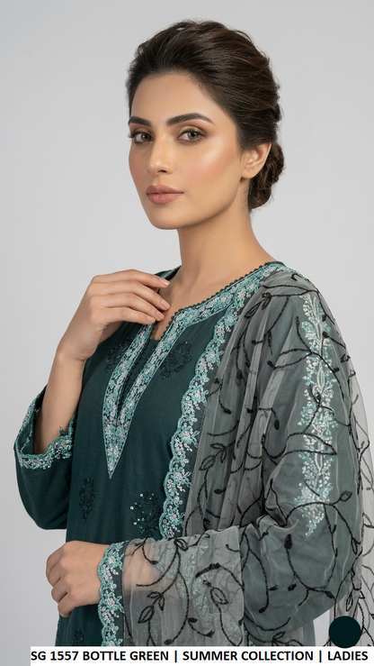 SG 1557 BOTTLE GREEN lawn Pakistani women's A-Line shirt side view