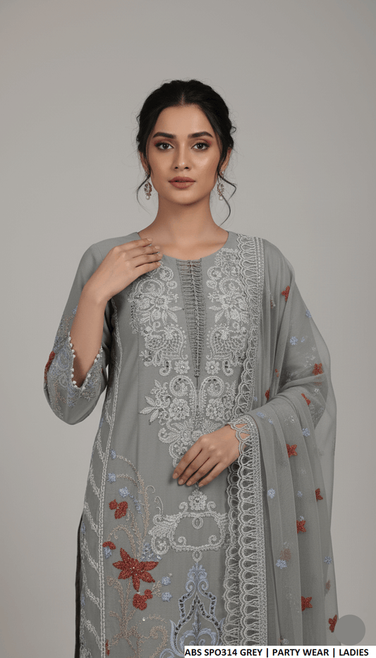 Grey chiffon Pakistani women's straight shirt with plazo side view